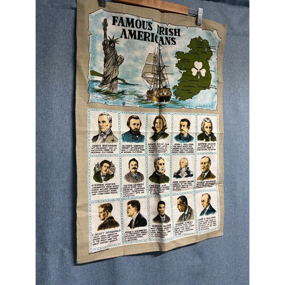 Vintage Famous Irish Americans Linen Tea Towel Made in Ireland JFK Reagan Map